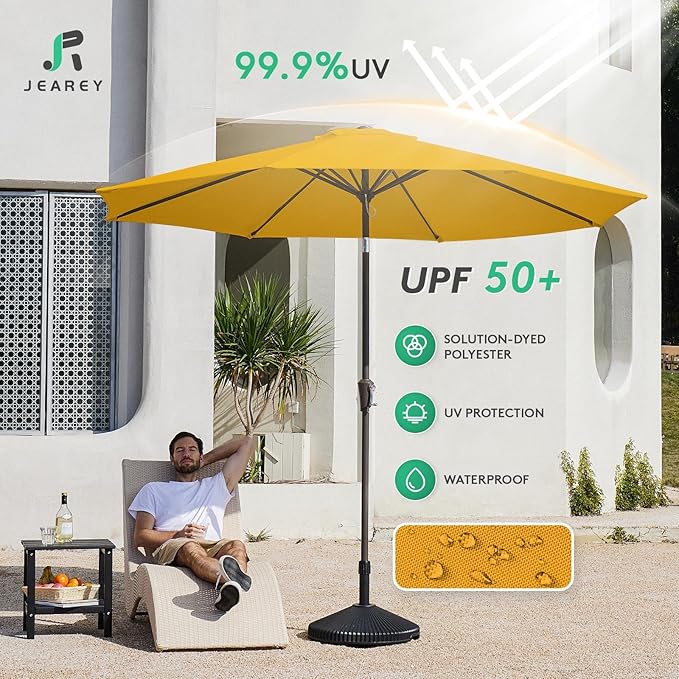 JEAREY Outdoor Patio Umbrella 9FT Outdoor Table Umbrella with Push Button Tilt and Crank, Market Umbrellas 8 Sturdy Ribs UV Protection Waterproof for Garden, Deck, Pool (Bright Orange)