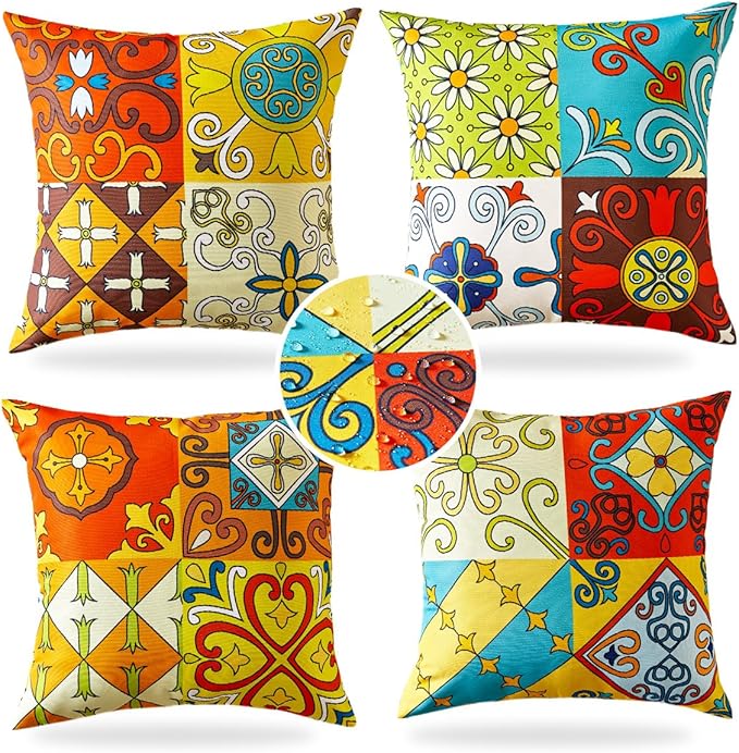 Talavera Mexican Pottery Outdoor Decor Waterproof Pillow Covers 18x18 Set of 4, Talavera Decor Outdoor Patio Furniture Throw Pillows, Fade Resistant Colurful Summer Pillow Covers for Porch and Patio