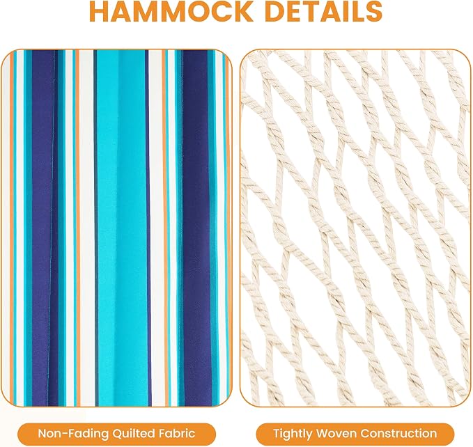 Lazy Daze Hammocks Rope Hammock with Pad, Spreader Bar, Carabiners, Tree Straps, Chains for Outside Patio- Max 450 Lbs, Turquoise Blue Stripes