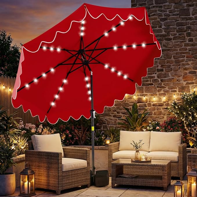 Tangkula 9 FT Solar Patio Umbrella with Base Included, 2-Tiers Outdoor Scalloped Table Umbrella with 32 LED Lights, 2 Sandbags, Tilt Adjustment, Crank, 8 Ribs for Market Backyard Pool Deck Beach Lawn