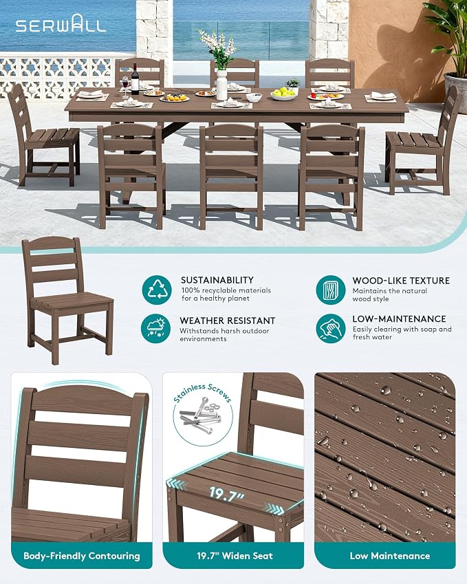 SERWALL 10 Piece Outdoor Dining Set with 15ft Triple-Head Foldable Umbrella, 84" HDPE Outdoor Table and Armless Chairs Set for 8，All Weather Patio Furniture Set with Umbrella Hole for Backyard, Brown