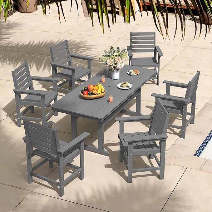9 Piece Patio Dining Set, 80" Rectangle HDPS Weather Resistant Outdoor Table & 8 Patio Chairs Set with 1.96" Umbrella Hole, 300LBS Heavy Duty for Backyard Deck Balcony, Grey