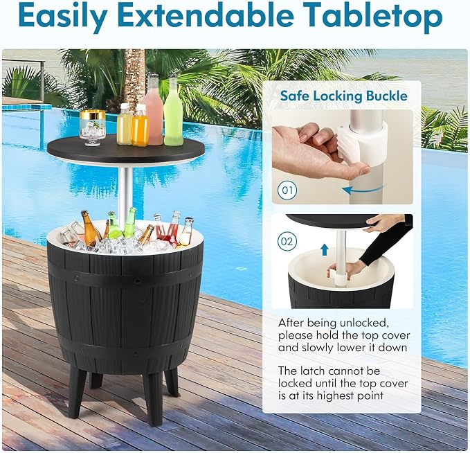 Tangkula 10 Gallon Cooler Bar Table, Outdoor Cooler Side Table w/Telescopic Tabletop, 3-in-1 Coffee Table Ice Bucket for Beer & Wine, All-Weather Cocktail Table for Backyard, Party, Poolside (Black)