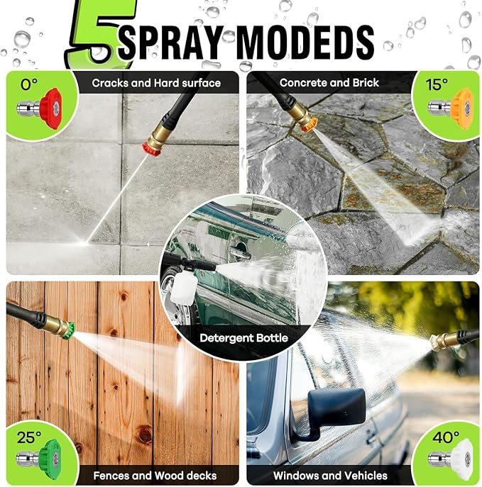 𝐏𝐨𝐰𝐞𝐫 𝐖𝐚𝐬𝐡𝐞𝐫 𝟒𝟓𝟎𝟎𝐏𝐒𝐈 Portable with 20FT Pipe, 4 Nozzle Set and 500ml Foam Cannon for Home/Cars/Fences/Windows, Green