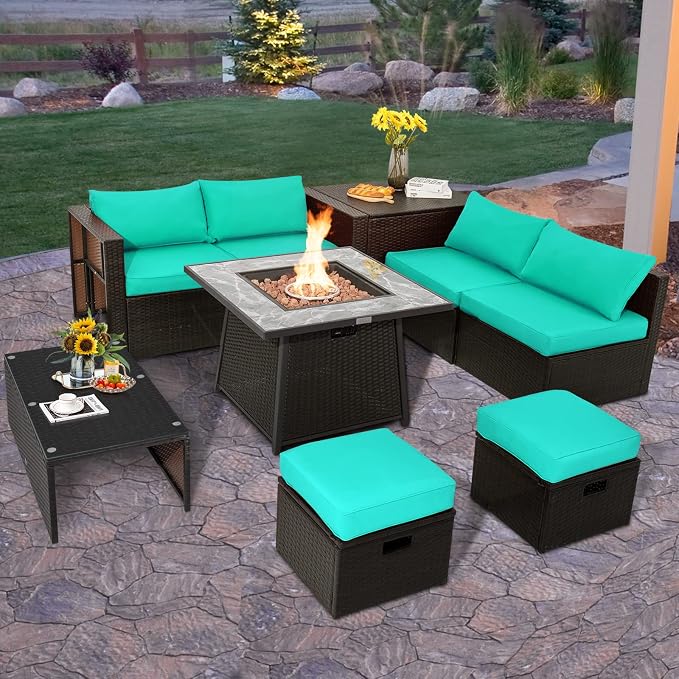 Tangkula 9 Pieces Outdoor Patio Furniture Set with 35-Inch Propane Fire Pit Table, Outdoor PE Wicker Sectional Sofa Set with Storage Box and Cushions, 50,000 BTU Gas Fire Pit Table (Turquoise)
