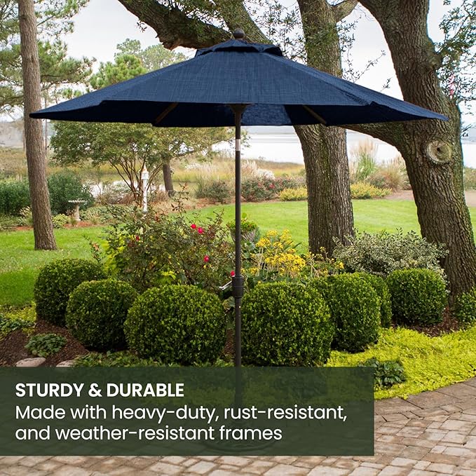 Hanover Montclair 9' Market Outdoor Umbrella, All-Weather, Crank Lever, Navy