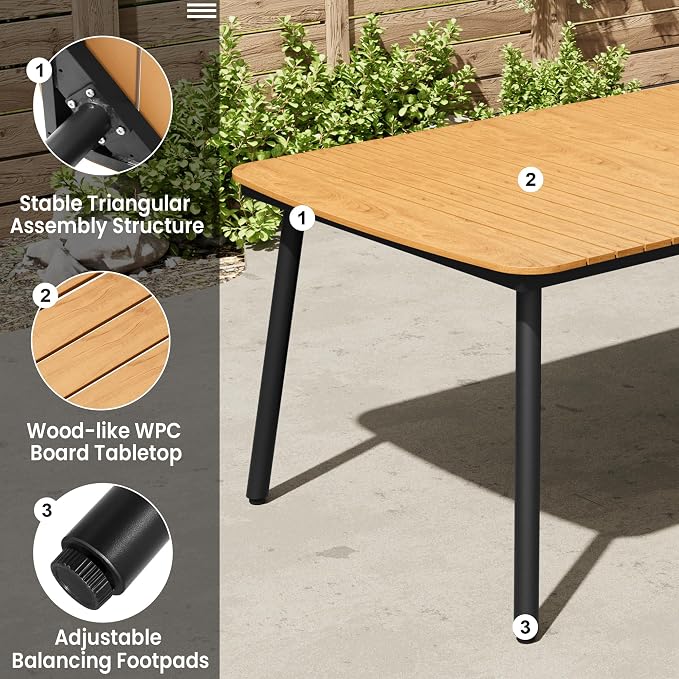 93" Outdoor Dining Table for 10 Brown Patio Dining Table with Umbrella Hole Rectangle Dining Table with Aluminum Frame and Waterproof Wood Grain Tabletop for Lawn Backyard Garden Poolside