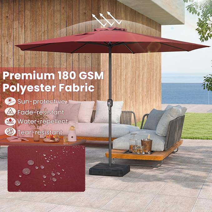 Tangkula 12 FT Patio Umbrella, Outdoor Market Umbrella with Crank Handle, 8 Sturdy Ribs, Double-Tiered Table Umbrella, Sun-Protective Waterproof Canopy Round Parasol for Garden Backyard Pool (Wine)