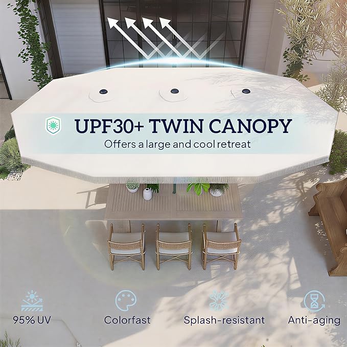 Outsunny 15FT Extra Large Patio Umbrella with Fringe, UPF30+ Double-Sided Market Umbrella with Easy Crank Handle, 2 Vents for Garden Pool Lawn