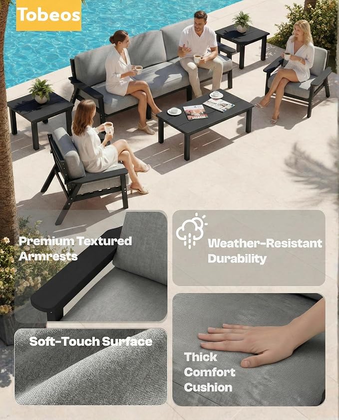 HDPE Patio Furniture Set 5 Seats with Cantilever Umbrella, Outdoor Couch with Washable Thick Gray Cushions & Tables, Outdoor Sectional Furniture for Deck, Lawn, Porch (Black Frame)