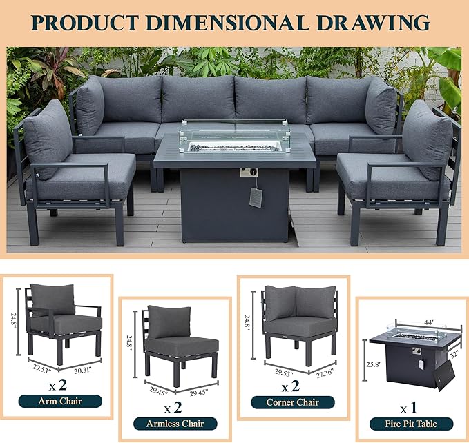 LeisureMod 7-Piece Outdoor Patio Conversation Set with Aluminum Sectional & Cushions, Propane Fire Pit Table with Black Stones, Wind Glass & Lid, Black