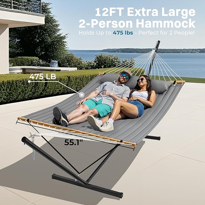 SUPERJARE Hammock with Stand, 2 Person Quilted Outdoor Hammock, Detachable Pillow & Bamboo Spreaders, Portable Hammock with Carrying Bag, Heavy Duty Stand, Perfect for Outside, Patio, Gray