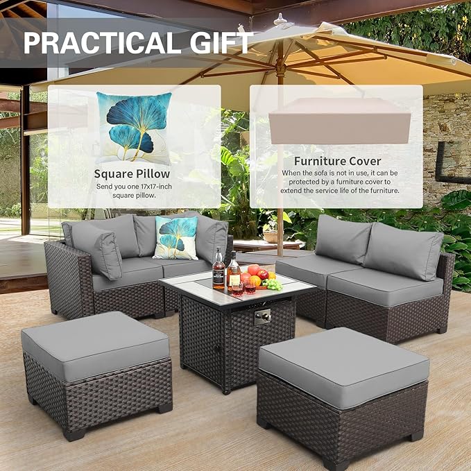 WAROOM Outdoor Patio Furniture Set 7 Pieces Wicker Sectional Sofa Brown Rattan Conversation Couch with Propane Fire Pit Table, Anti-Slip Thick Grey Cushion