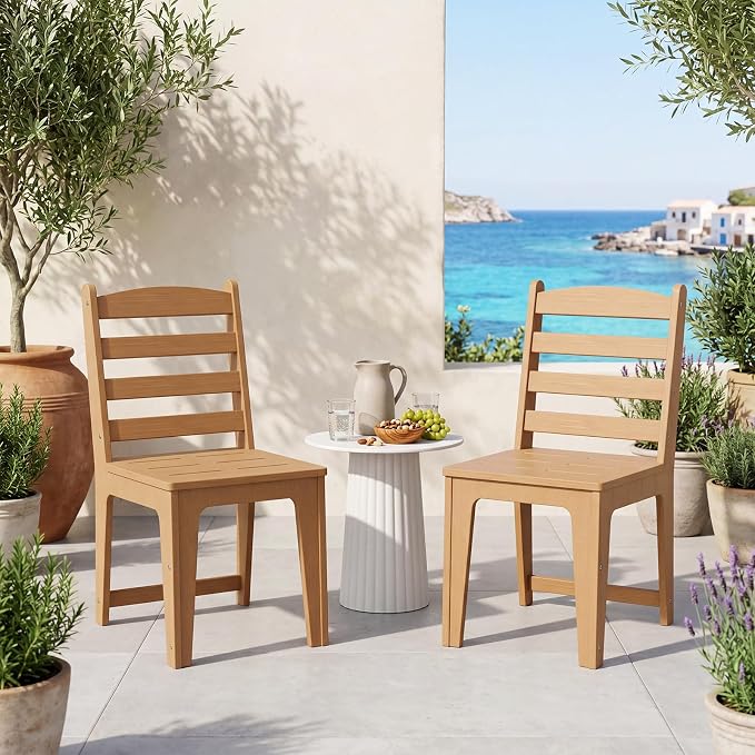 HDPE Outdoor Patio Dining Chair All Weatherproof Set of 2, Teak Color | Slatted Back Dining Armless Chair, Weatherproof Outdoor Side Chair Patio Furniture for Poolside Garden Backyard Deck Indoor
