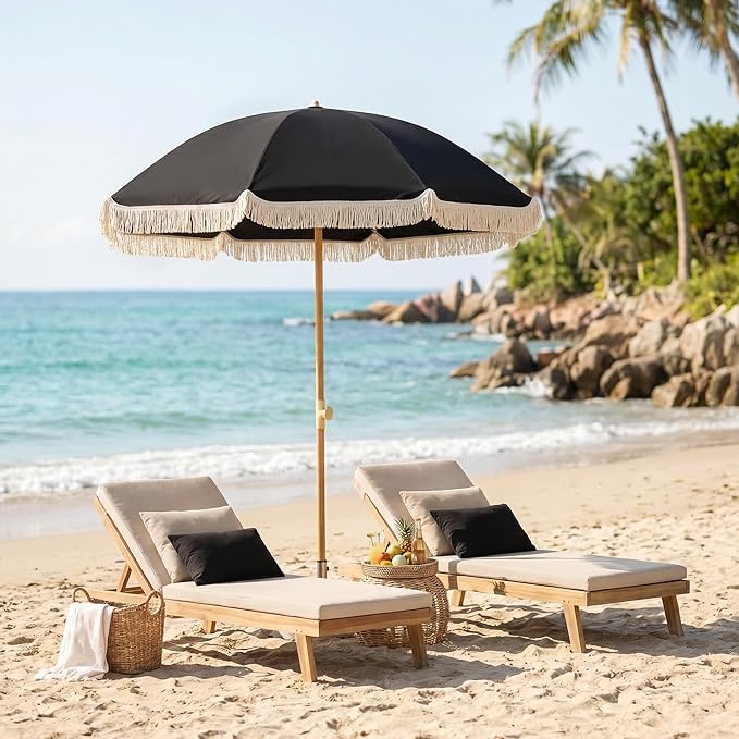 6.5FT Boho Patio Umberlla with Fringe,UPF50+ Outdoor Umbrella with Fiberglass Ribs and Push Button Tilt,Tassels Umbrella for Beach,Terrace,Picnic