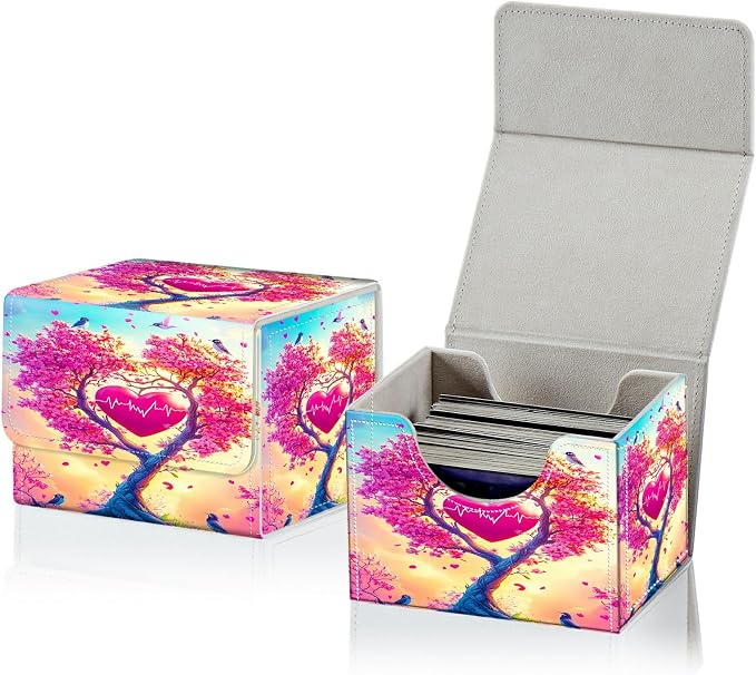 Card Deck Box for MTG, Cards Storage Box Fits 120+ Sleeved, Leather Small Size Strong Magnetic Closing Card Case for Board Games Magic TCG CCG Baseball Collection, Pink Tree