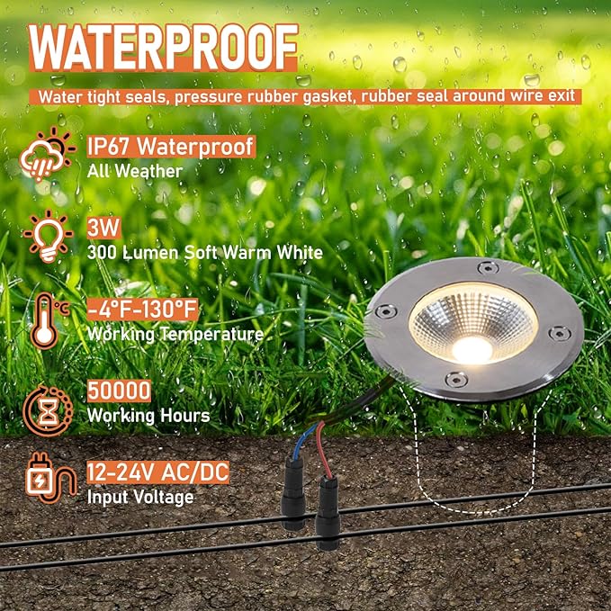 8 Pack Low Voltage Landscape Lights Well Lights 12-24V IP67 Waterproof In Ground Light and Outdoor Landscape Lighting for Garden Yard Driveway Deck Step Up Light with Connectors(Warm White)