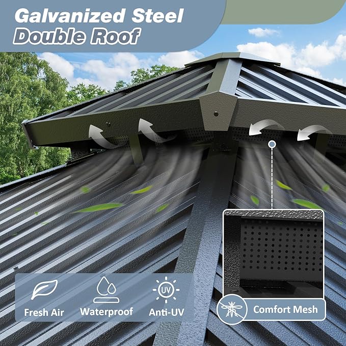 10'x10' Outdoor Gazebo Hardtop Grill Gazebo Aluminum Galvanized Steel Double Roof Outdoor Pergola Include Curtain and Netting for Backyard, Patio, Lawn