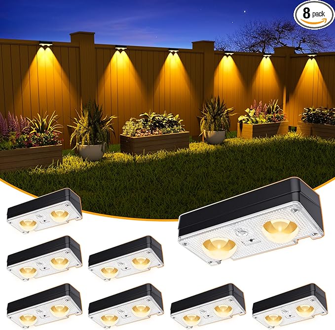 JOFIOS Solar Fence Lights Outdoor Waterproof, 80 Lumens Solar Lights for Fence with Warm White & RGB 8 Colors,Outdoor Solar Light for Deck, Patio, Backyard, Fence, Railing (8-Pack-Black)