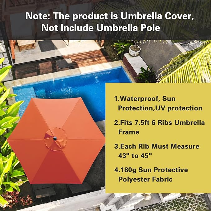 Sunnyglade 7.5ft Patio Umbrella Replacement Canopy Market Umbrella Top Outdoor Umbrella Canopy with 6 Ribs