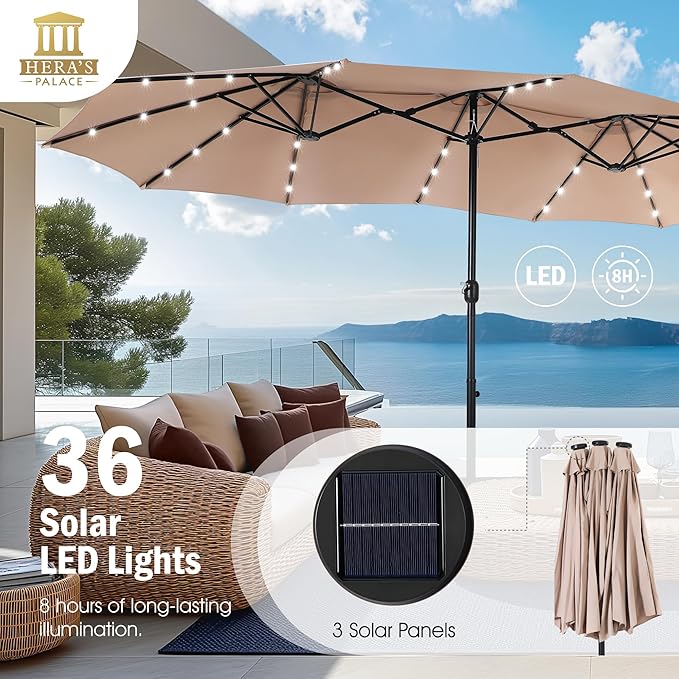 HERA'S PALACE 15ft Patio Umbrella with Base Included Double Sided Outdoor Umbrella for Patio Table Umbrella Outdoor 36 LED Solar Lights for Garden