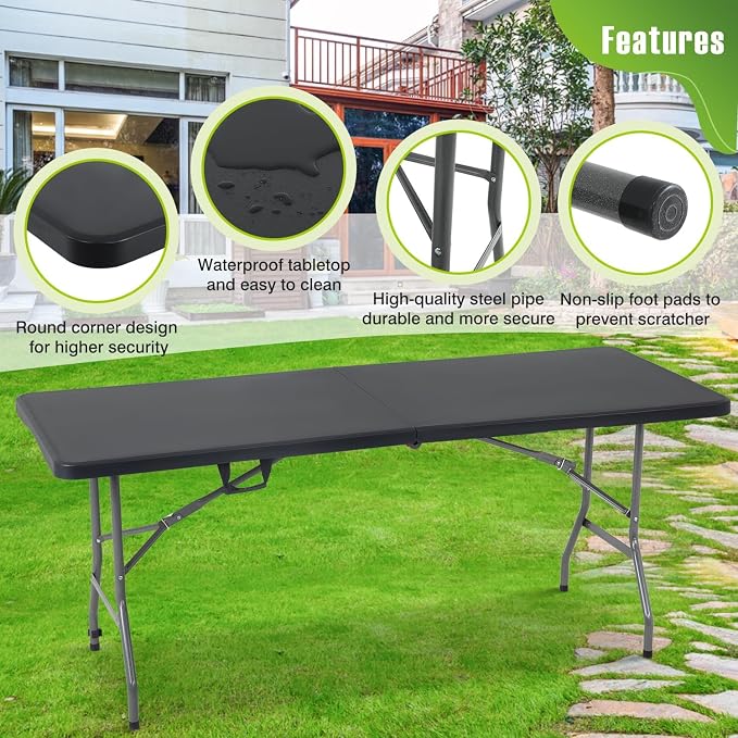 6FT Folding Table, Heavy Duty Plastic Table Portable Fold-in-Half Utility Table Indoor Outdoor Picnic Table w/Handle & Lock for Camping BBQ Party Wedding Market Events, Black