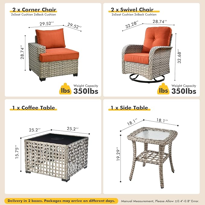 6 Pcs Outdoor Sectional Patio Furniture Set with Swivel Rocking Chair - All Weather Wicker Outside Sectional Couch,Patio Seating Outdoor Conversation Sets for Deck Yard,Orange Red