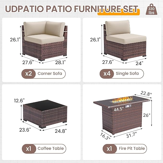 UDPATIO Patio Furniture Set with 44'' Fire Pit Table,Modular Outdoor Furniture Sets,Slanted Back Outdoor Sectional Conversation Set PE Rattan Sofa for Backyard W/Coffee Table,4'' Cushions,8 PCS,Khaki