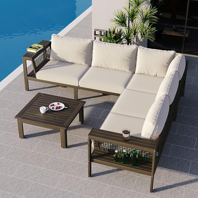 Merax 4 Pieces Patio Furniture Set, Outdoor L-Shaped Sectional Sofa Set with Coffee Table, Acacia Wood Conversation Seating & Thick Cushions and Side Table, for Garden, Poolside and Backyard, Beige