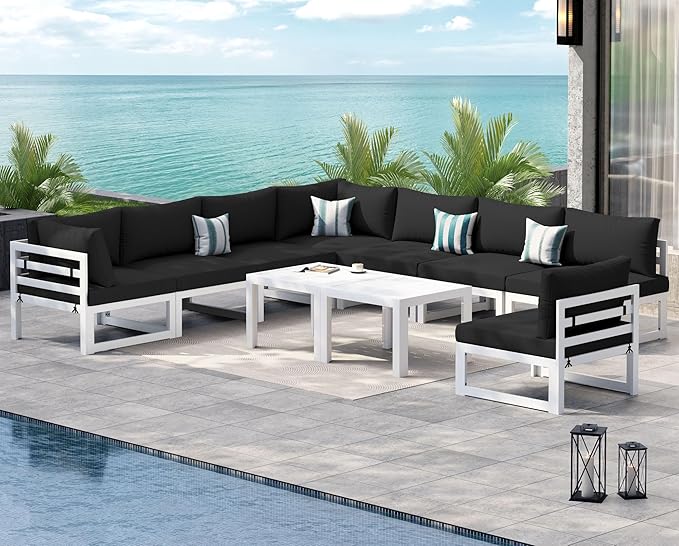 NICESOUL 10 Piece Modern Aluminum Patio Furniture Set, 500 lbs Heavy Duty Durable Outdoor Sectional Sofa, 29" Deep Wide Oversized Seating, L Shaped Comfortable Conversation Couch for Yard Deck, Black