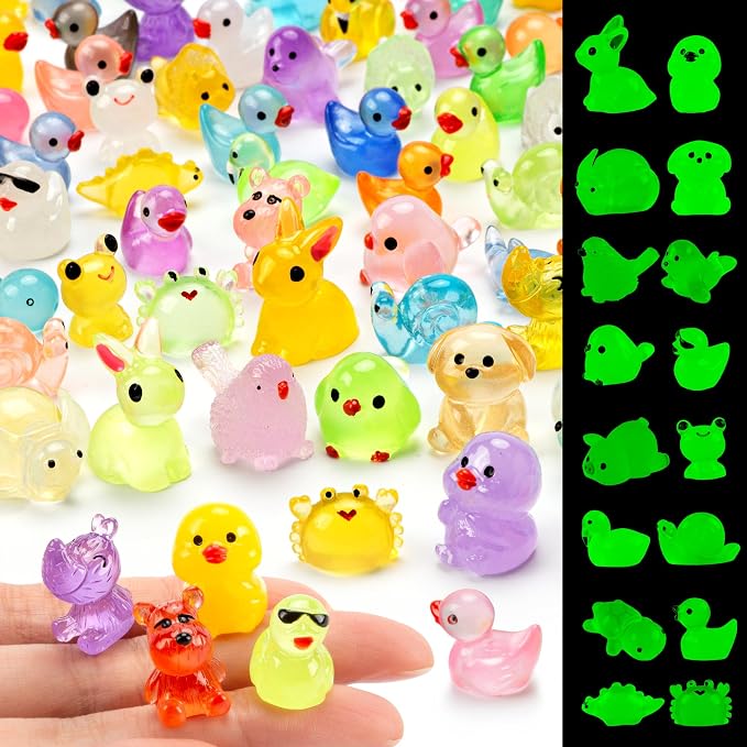 FEXIA 100 Pcs Luminous Mini Resin Animals 20 Types Glow in the Dark Tiny Figurines Bulk Set for DIY Garden Aquarium Micro Landscape and Party Decoration Desk Pets and Miniature Accessories