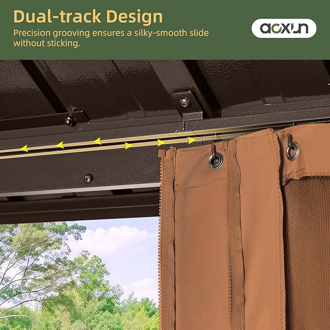Aoxun 12’x16’ Hardtop Gazebo, Permanent Metal Pavilion with Galvanized Steel Double Roof, Outdoor Pergola with Nettings and Curtains for Lawn, Garden, Patio (Brown)