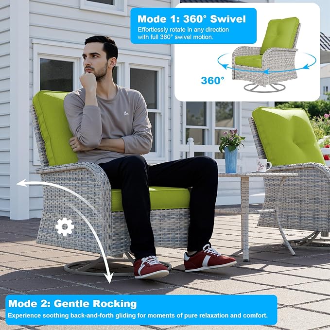 18-Piece Patio Furniture Set, Outdoor Patio Furniture with 55,000 BTU Fire Pit Table, Swivel Chairs Set, Thick Cushions, Modular Patio Sofa, Dual-Strand Wicker Rattan, Rust-Resistant Frame,Grass Green