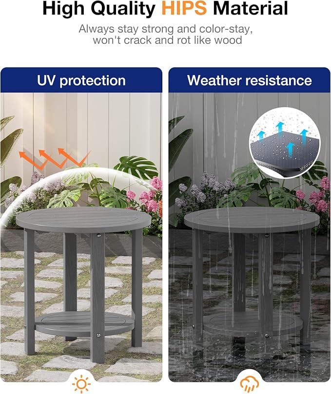 YEFU Outdoor Side Table for Patio: 16in HIPS Small Round Outdoor End Table - 2-Tier Adirondack Tables for Patio Porch Yard Poolside Living Room Beach Bedroom (Grey, 1 Pack)