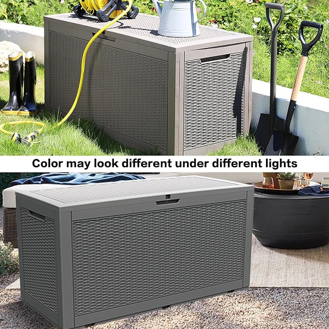 Modern-Depo 100 Gallon Deck Box Waterproof Outdoor Storage Bench | Polypropylene PP Garden Tools Pool Towel Storage Bin Porch Delivery Box, Gray