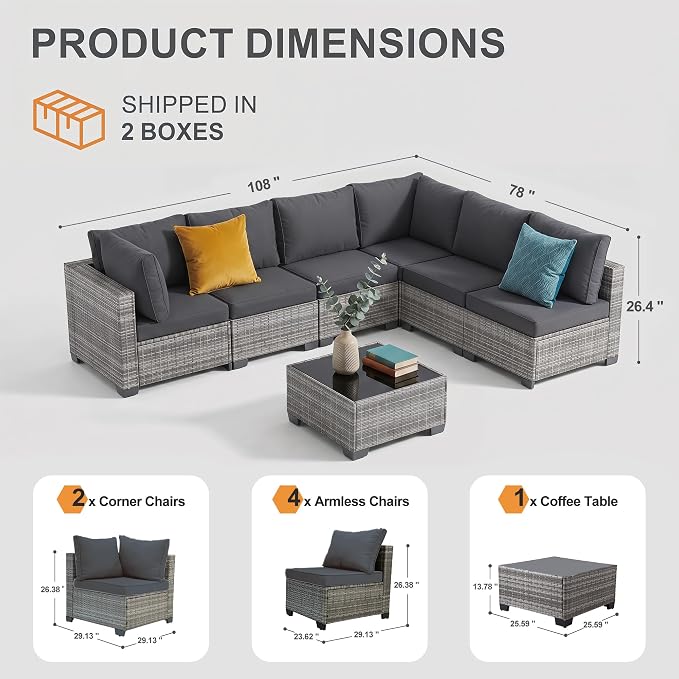 7-Piece Modular Outdoor Sectional Wicker Patio Furniture Set | All-Weather Conversation Set w/ Glass Coffee Table for Backyard, Garden, Poolside (Grey PE Rattan + Grey Cushions)