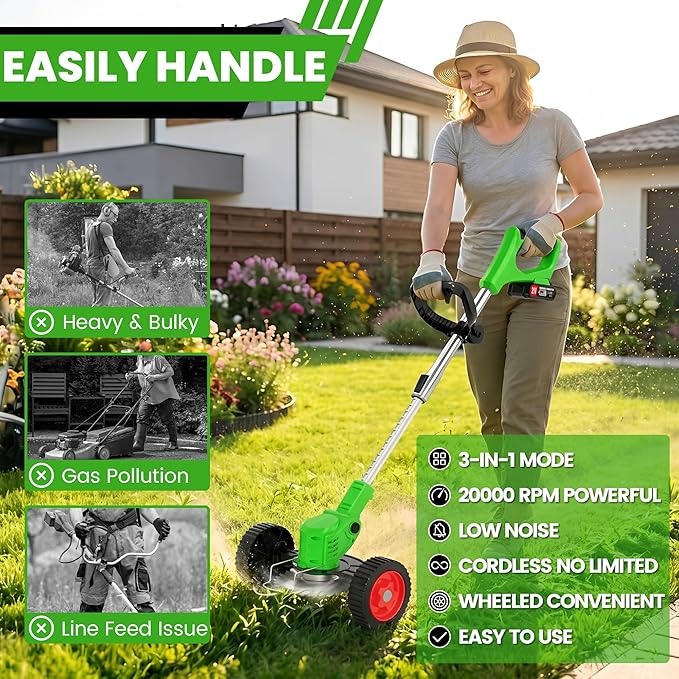 Electric Weed Wacker Battery Powered Weed Eater, 21V Cordless String Trimmer Battery Operated with Wheels & Metal Blades, Lightweight 4 in 1 Grass Trimmer/Brush Cutter/Lawn Edger/Mower for Garden Yard