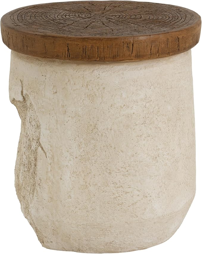 Merax Outdoor Patio MGO Side Table, 18.5" Height Round Side Table with Stone-Effect Base & Faux-Wood Grain Top, Rustic Modern Patio End Table Stand for Balcony Poolside, Fully Assembled, Beige+Wood