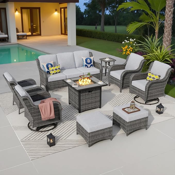 ovios 9 Pieces Patio Furniture Set with 30 inch Fire Pit Table, Outdoor Wicker Sofa Couch Swivel Rocking Glider Chairs, Modern Luxury Conversation Set, Grey Wicker, Grey