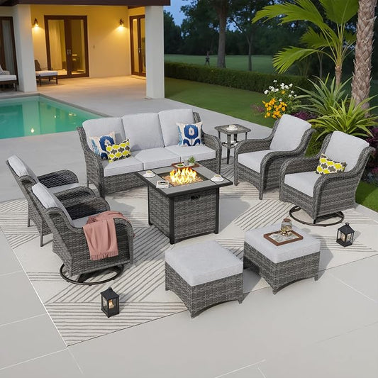 ovios 9 Pieces Patio Furniture Set with 30 inch Fire Pit Table, Outdoor Wicker Sofa Couch Swivel Rocking Glider Chairs, Modern Luxury Conversation Set, Grey Wicker, Grey