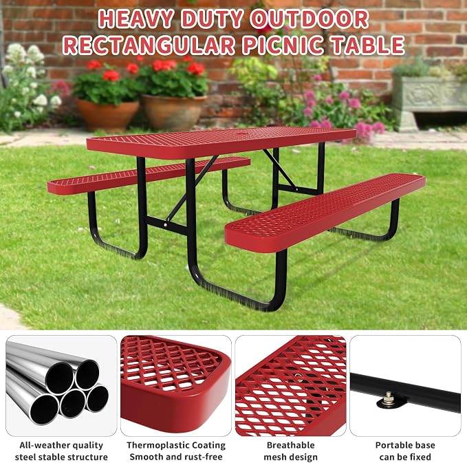 6FT Picnic Tables for Outdoors, Rectangular Commercial Metal Picnic Table Bench Set with Umbrella Hole, Heavy Duty Steel Weather-Resistant Dining Table for Patio Dining Garden Backyard BBQ School