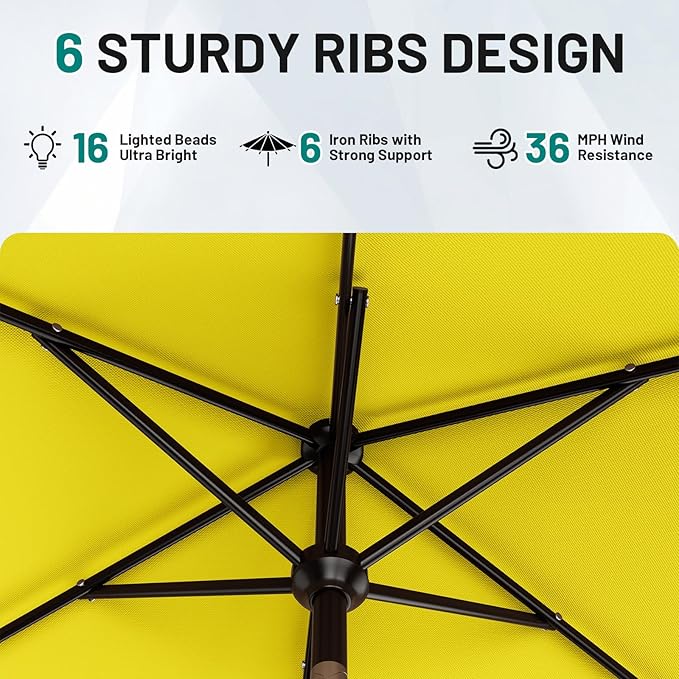 AreShark 6.5' x 10' Rectangular Patio Umbrella with Solar Lights, Solar Powered Lighted Market Umbrella w/Tilt and Crank, Outdoor Table Umbrella for Garden, Deck, Backyard, Pool and Beach, Yellow