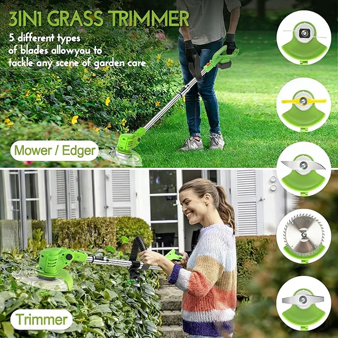 Electric Weed Wacker Cordless, Weed Eater Battery Powered with with Metal Blades,3 in 1 Stringless Grass Trimmer Lightweight Brush Cutter/Edger for Garden Lawn Yard Trimming