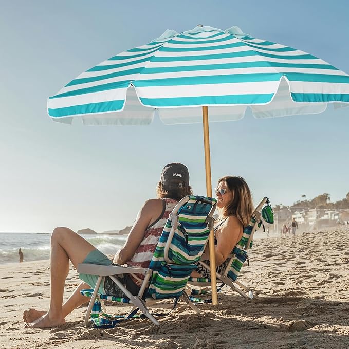 AMMSUN 7.5ft Heavy Duty HIGH Wind Beach Umbrella Commercial Grade Patio Beach Umbrella with Air Vent Ash Wood Pole & Carry Bag Turquoise White
