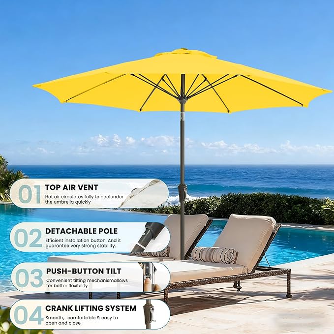 9FT Outdoor Patio Umbrella Outdoor pool Umbrella with Push Button Tilt and Crank, Market Umbrella 8 Sturdy Ribs UV Protection for Garden, Deck, Backyard (Yellow)