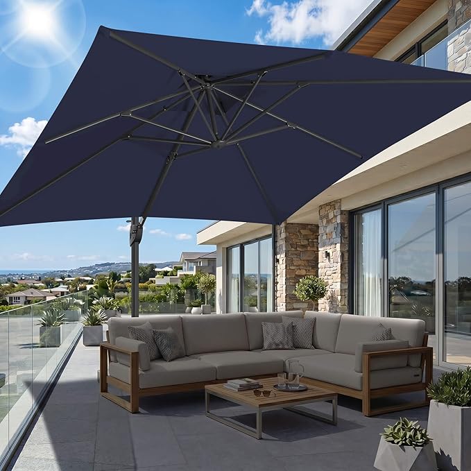 FLAME&SHADE 10 X 10 FT Cantilever Patio Umbrella - Large Square Offset Umbrella Outdoor Patio with 360-Degree Rotation and 3-Year Fade Resistance Fabric for Deck Pool Backyard Garden (Navy Blue)