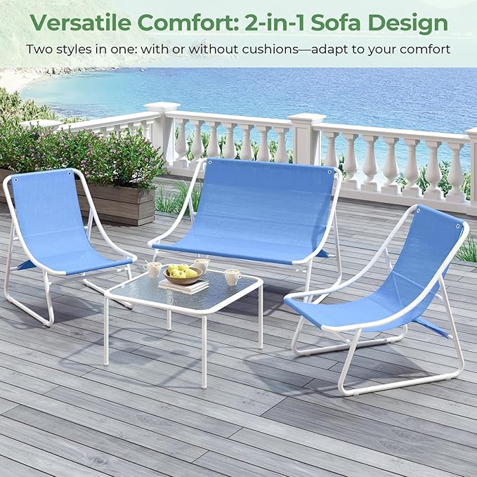 Patio Furniture Set, 4-Piece Outdoor Patio Conversation Set with Cushions & Glass Coffee Table, 2-in-1 Metal Patio Sofa Sets for Backyard, Garden, Porch, Poolside, White & Blue