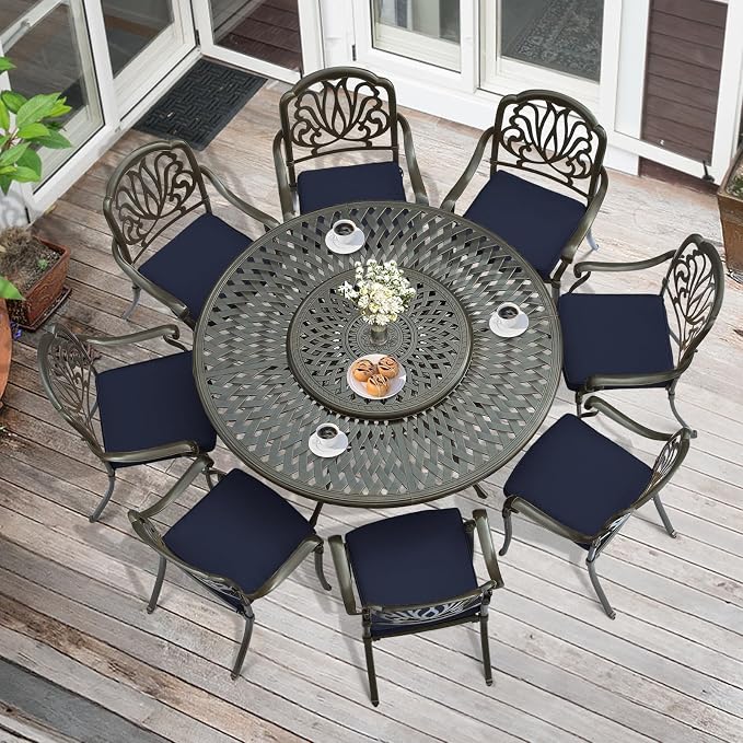 MEETWARM 9-Piece Outdoor Patio Table and Chairs Set, All Weather Cast Aluminum Patio Dining Set- 8 Cushioned Chairs, 61" Round Patio Dining Table with Detachable Lazy Susan, Umbrella Hole, Navy Blue