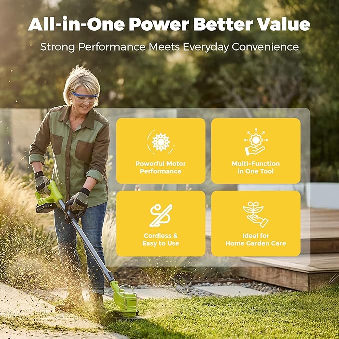 21V Lightweight Electric Weed Eater: All-in-One Cordless String Trimmer Brush Cutter with 2Pack 2.0ah Battery Powered Weed Wacker Set for Small Garden and Yard Lawn Edger Branches Tool for Homeowners