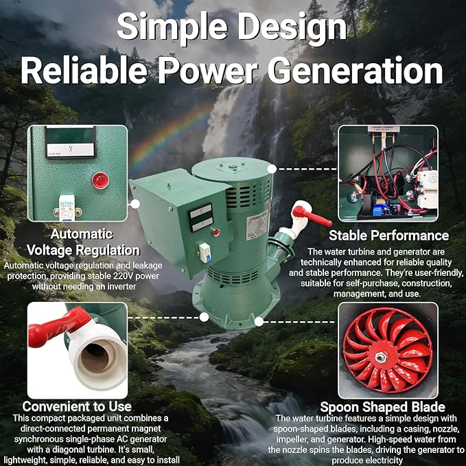 5KW Hydroelectric Generator Set Water Power Generator Automatic Voltage Regulation & Leakage Protection ≥15m/49FT Off-Grid Power Generator Pelton Turbine for Home/Rural Use 220V/60HZ